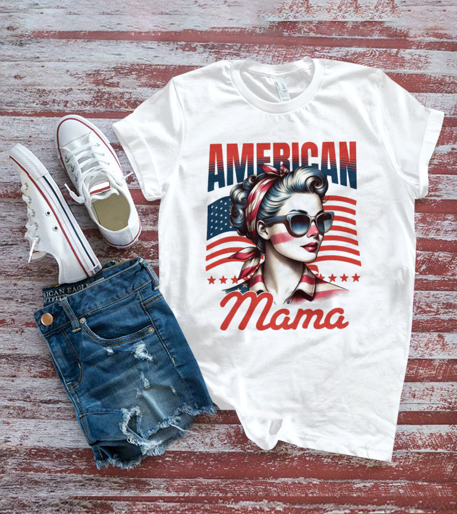 American Mama Vintage Patriotic Bandana Sunglasses Retro Flag Stars T-Shirt
