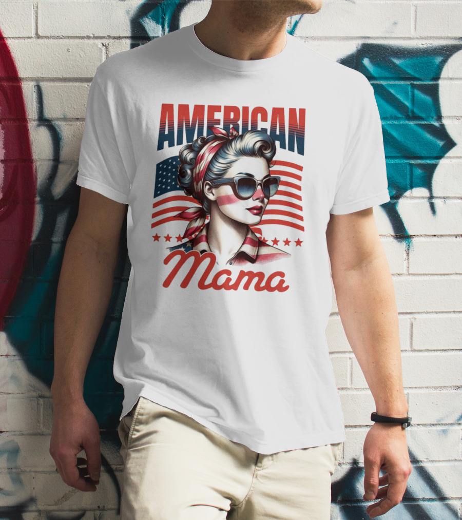 American Mama Vintage Patriotic Bandana Sunglasses Retro Flag Stars T-Shirt