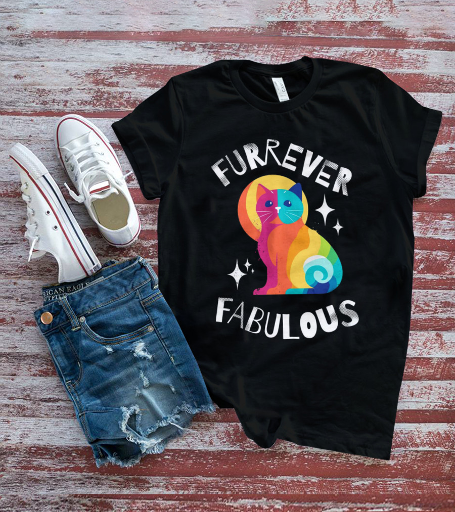 Furrever Fabulous Rainbow Cat With Stars T-Shirt