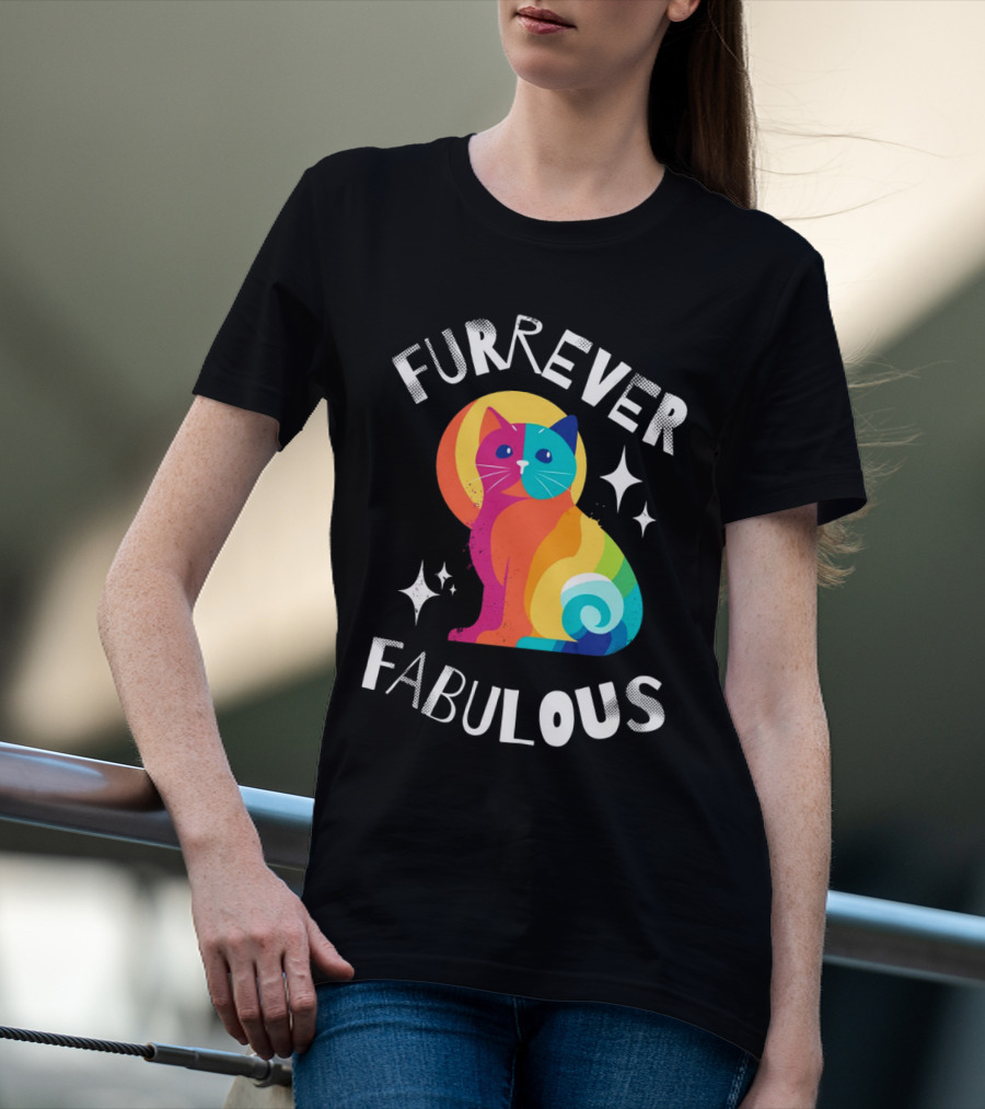 Furrever Fabulous Rainbow Cat With Stars T-Shirt