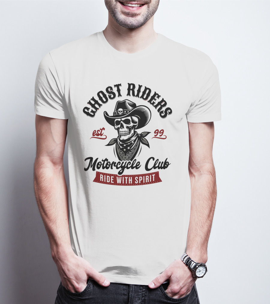 Ghost Riders Motorcycle Club Ride With Spirit Cowboy Skull Est 99 T-Shirt