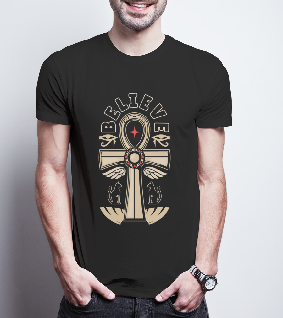 Believe Faith Ankh Symbol With Cats And Wings T-Shirt