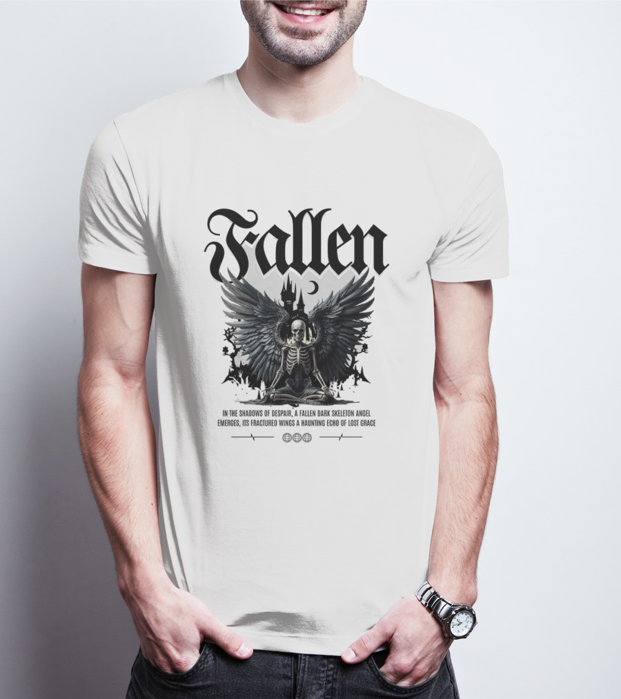 Fallen Dark Skeleton Angel With Fractured Wings And Gothic Castle T-Shirt