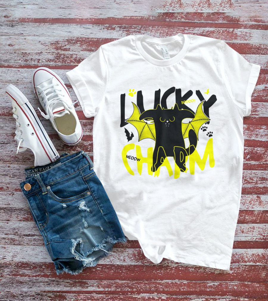 LUCKY CHARM Meow Boooo Bat Wings Cat Paw Prints T-Shirt