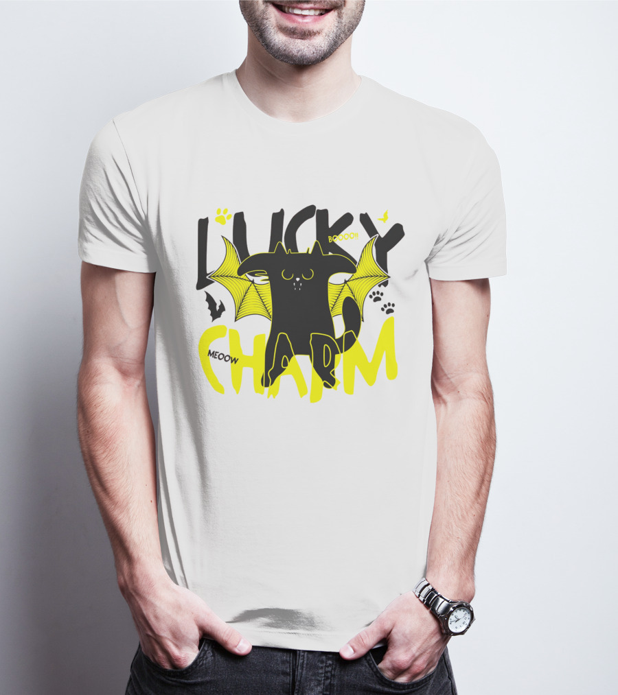 LUCKY CHARM Meow Boooo Bat Wings Cat Paw Prints T-Shirt