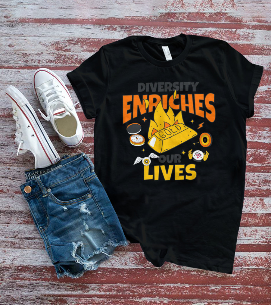 Diversity Enriches Our Lives Gold Flames Wings Compass T-Shirt