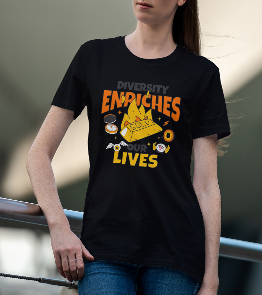 Diversity Enriches Our Lives Gold Flames Wings Compass T-Shirt