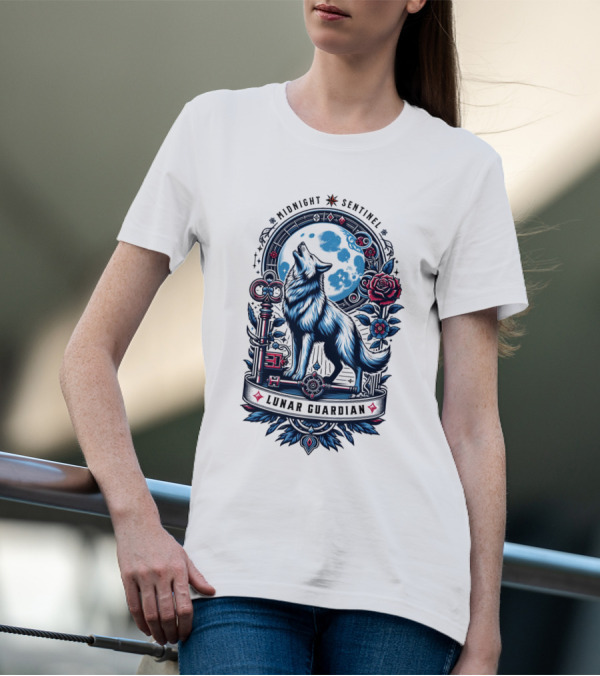 Midnight Sentinel Lunar Guardian Key And Roses Howling Wolf Moon T-Shirt