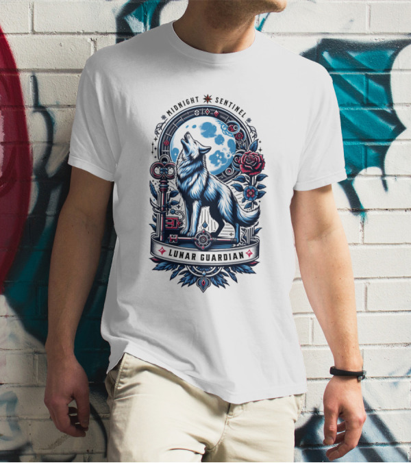 Midnight Sentinel Lunar Guardian Key And Roses Howling Wolf Moon T-Shirt