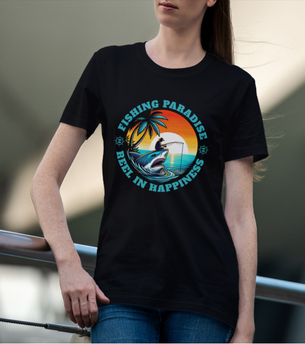 Fishing Paradise Reel In Happiness Sunset Shark Adventure T-Shirt
