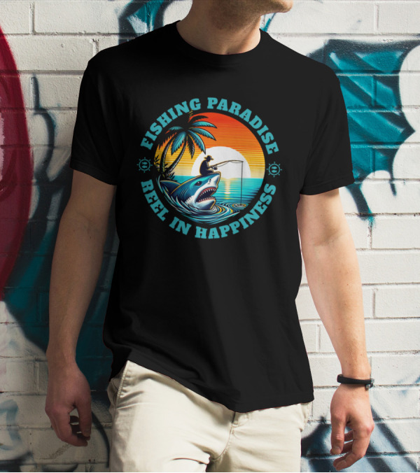 Fishing Paradise Reel In Happiness Sunset Shark Adventure T-Shirt