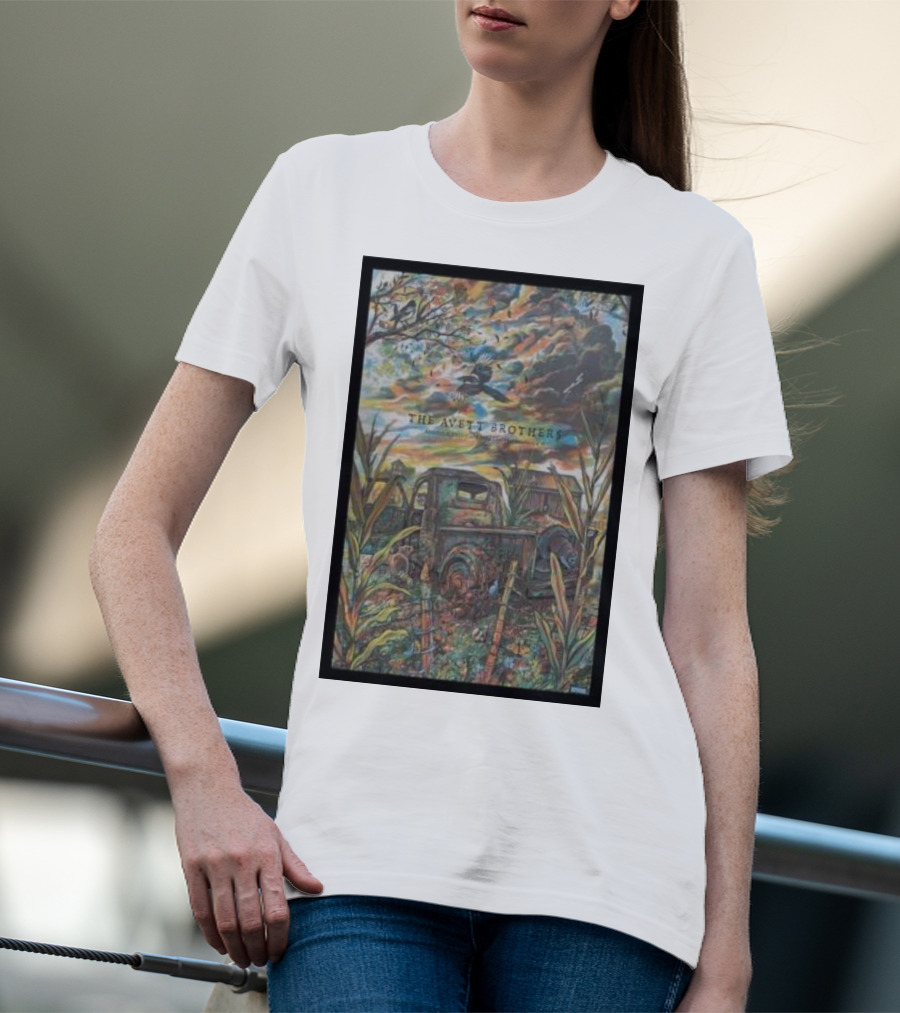 The Avett Brothers Tour Champaign Rusted Truck And Bluebird In Vibrant Landscape T-Shirt