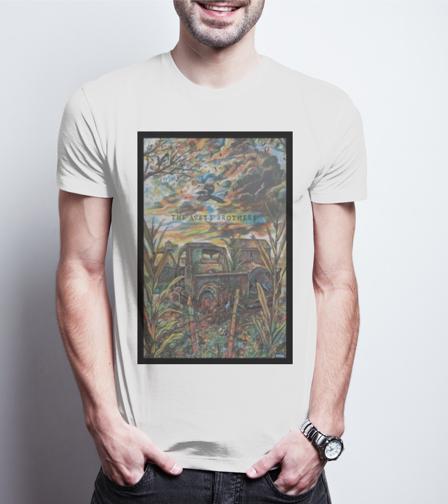 The Avett Brothers Tour Champaign Rusted Truck And Bluebird In Vibrant Landscape T-Shirt