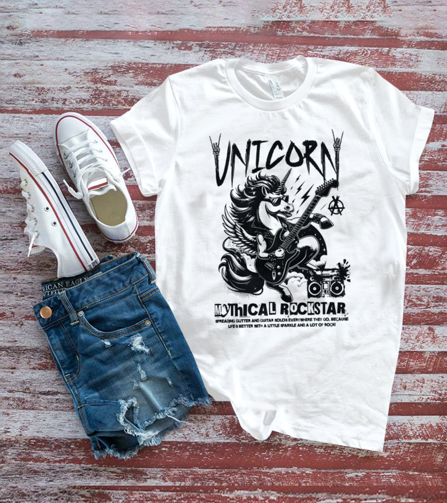 Unicorn Mythical Rockstar Spreading Glitter And Guitar Solos Sparkle Music Rock T-Shirt