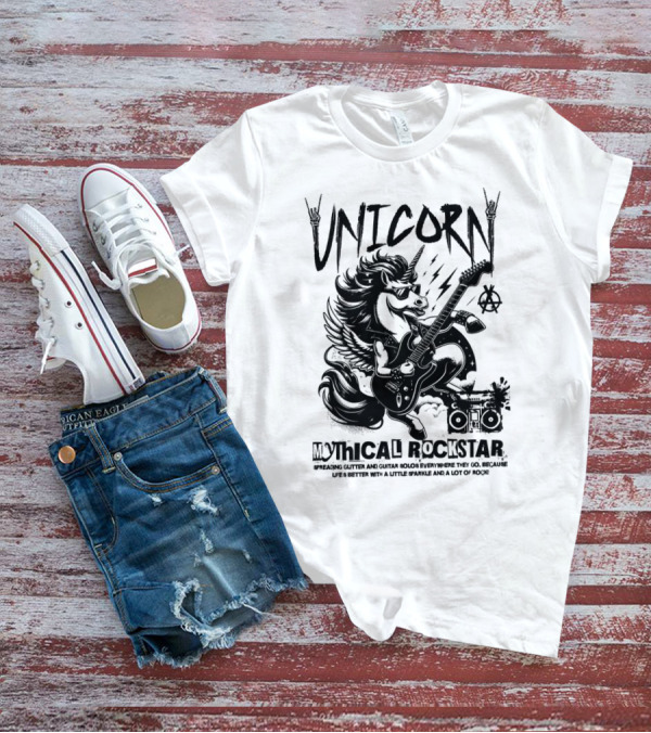 Unicorn Mythical Rockstar Spreading Glitter And Guitar Solos Sparkle Music Rock T-Shirt