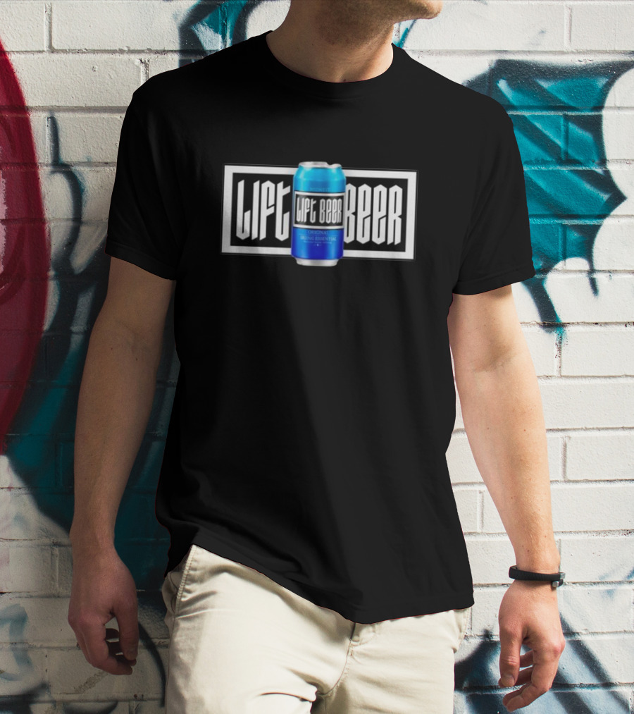 Lift Beer Original Drinking Essential Emblem - Black And White Background With Blue Can T-Shirt