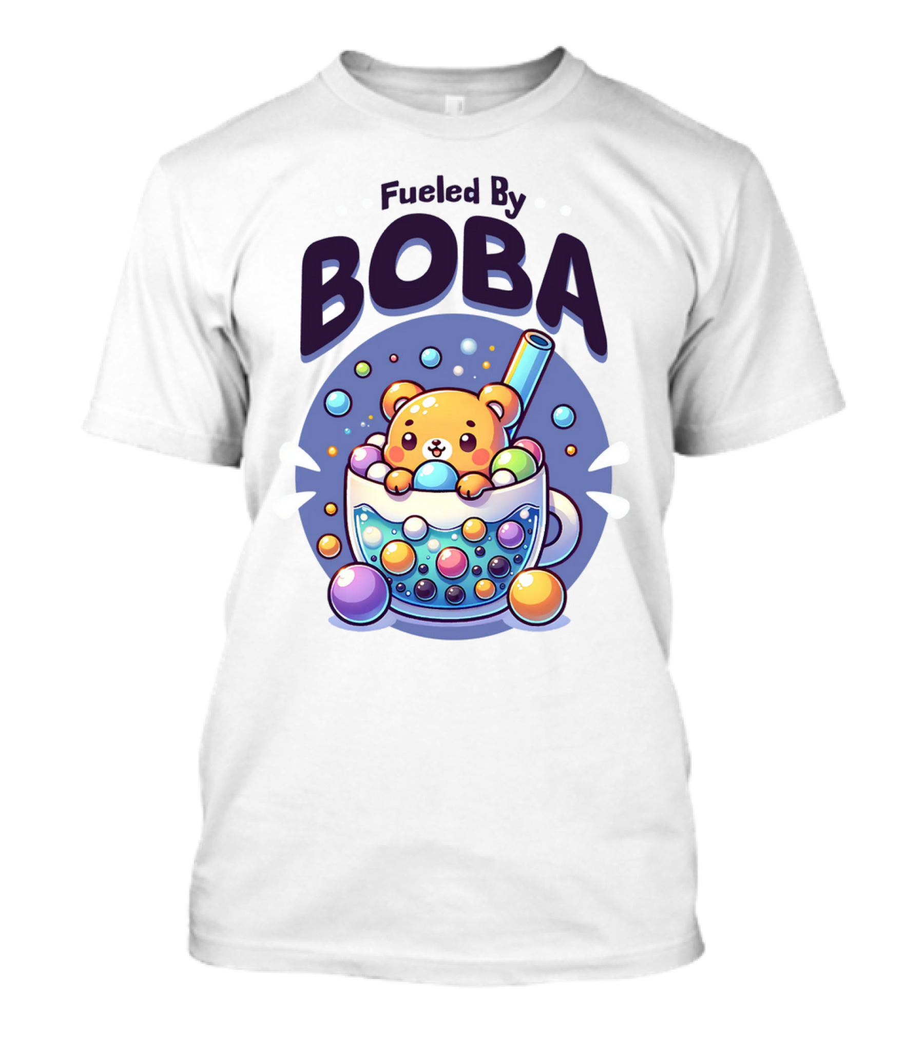 Purple Cute Fueled By Boba Bear In Cup With Straw And Bubbles T-Shirt