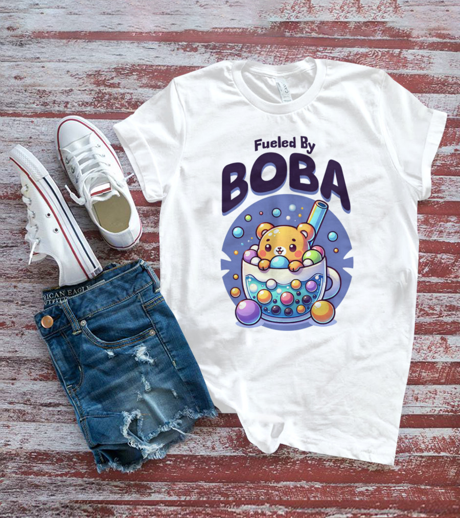 Purple Cute Fueled By Boba Bear In Cup With Straw And Bubbles T-Shirt