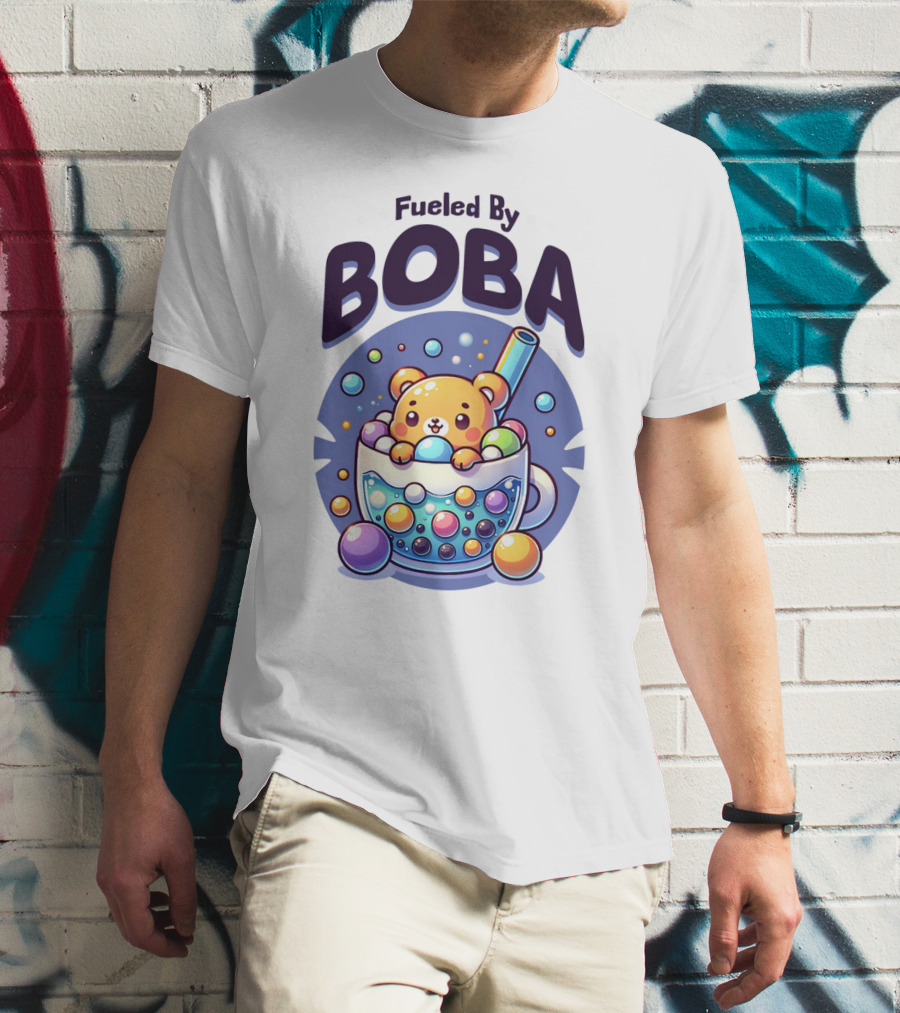 Purple Cute Fueled By Boba Bear In Cup With Straw And Bubbles T-Shirt