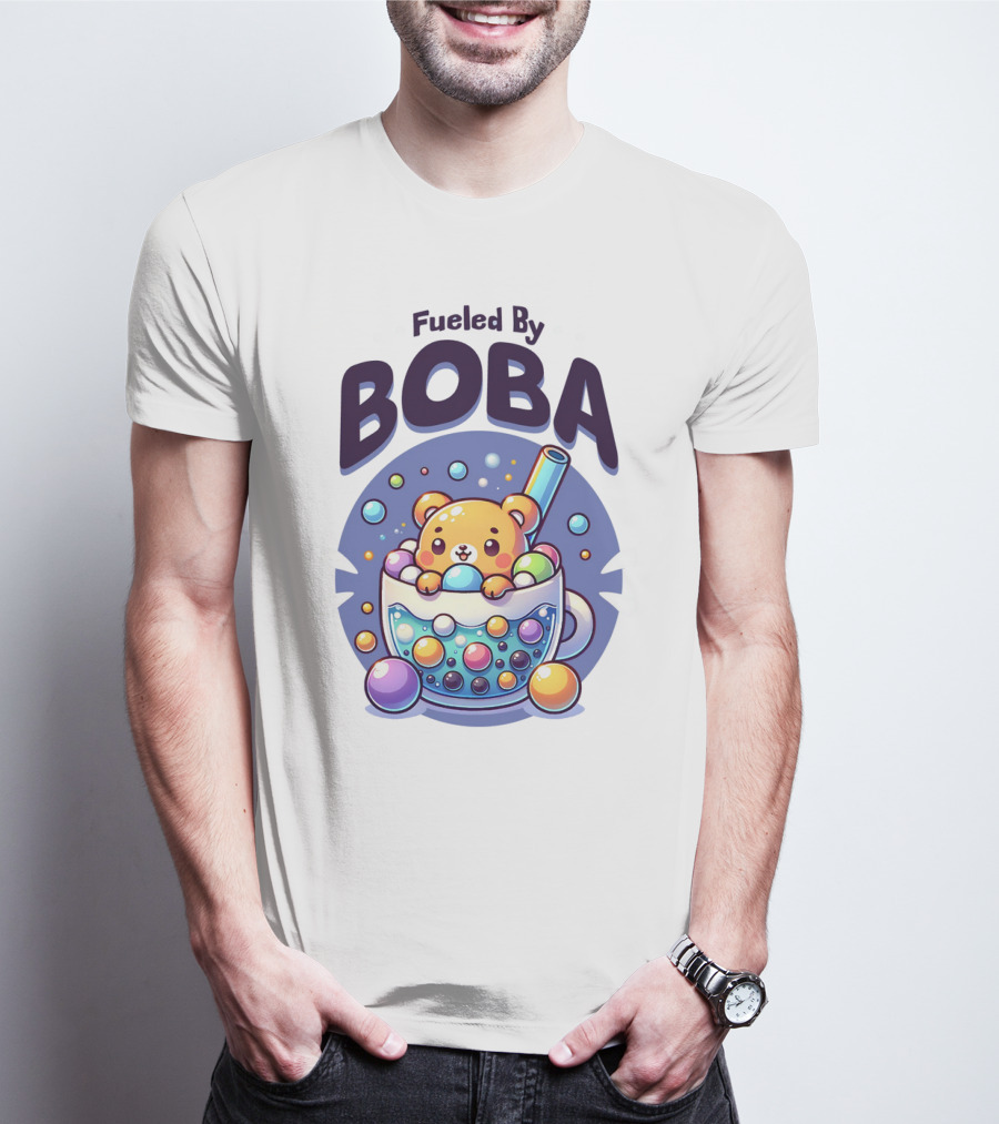 Purple Cute Fueled By Boba Bear In Cup With Straw And Bubbles T-Shirt