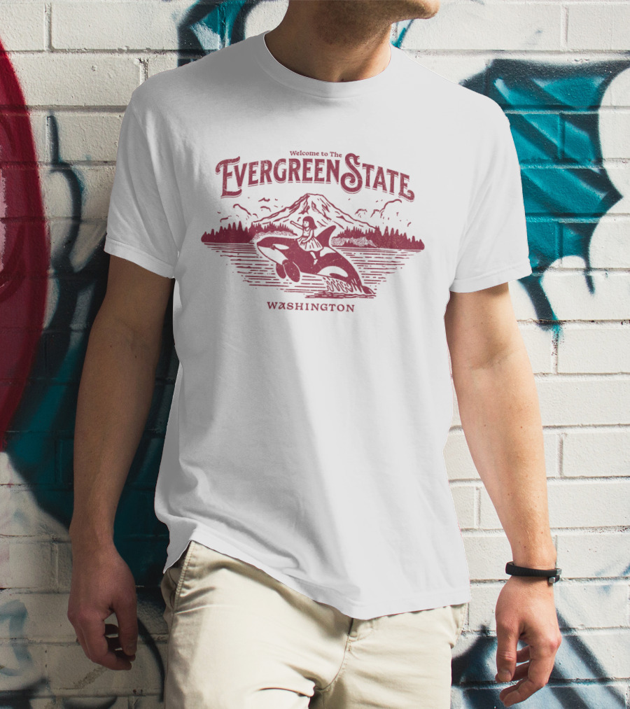 Welcome To The Evergreen State Washington Orca And Mountain Scene T-Shirt