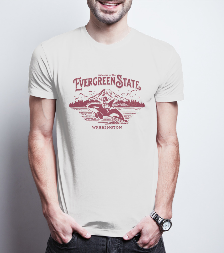 Welcome To The Evergreen State Washington Orca And Mountain Scene T-Shirt