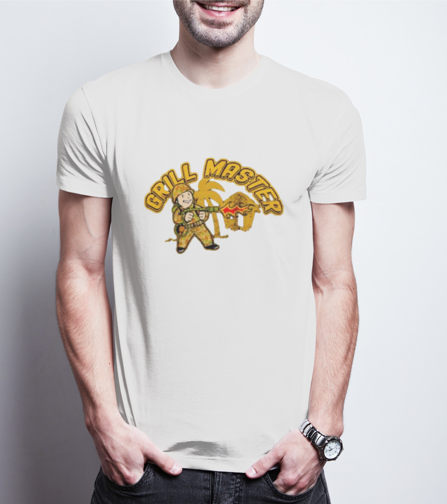 Grill Master Soldier With Palm Tree And Hut T-Shirt
