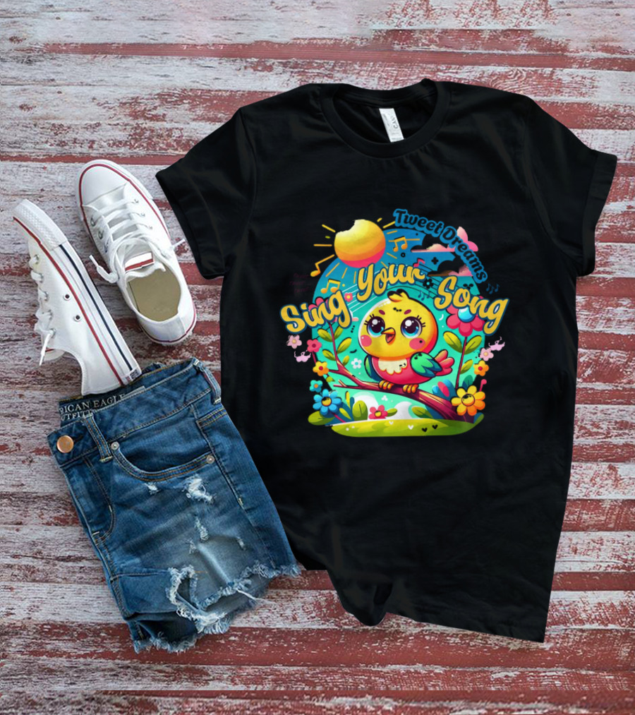Tweet Dreams Sing Your Song Brightly-Colored Cartoon Bird And Musical Notes T-Shirt