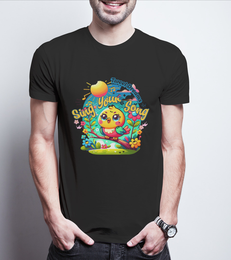 Tweet Dreams Sing Your Song Brightly-Colored Cartoon Bird And Musical Notes T-Shirt