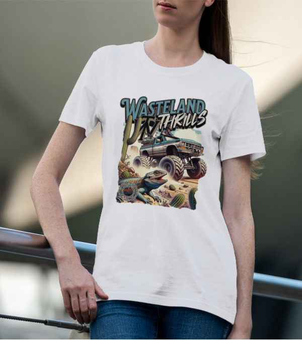 Wasteland Thrills Monster Truck Adventure With Lizard And Cactus Desert Scene T-Shirt