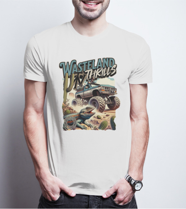 Wasteland Thrills Monster Truck Adventure With Lizard And Cactus Desert Scene T-Shirt