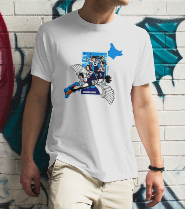 Atarashii Gakko Navy Crane Cartoon With Energetic Flyers And Blue Map Highlight T-Shirt