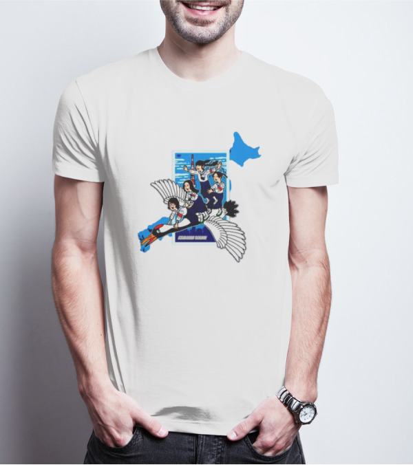 Atarashii Gakko Navy Crane Cartoon With Energetic Flyers And Blue Map Highlight T-Shirt