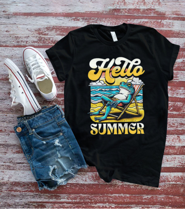 Hello Summer Frog Vintage Beach Scene T-Shirt