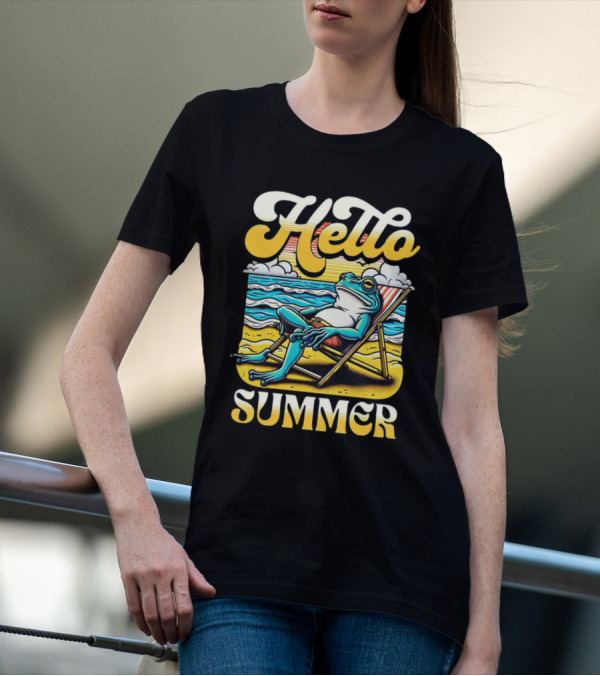 Hello Summer Frog Vintage Beach Scene T-Shirt
