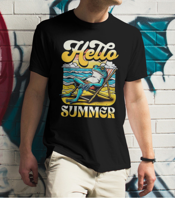 Hello Summer Frog Vintage Beach Scene T-Shirt