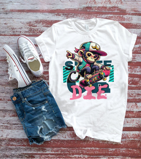 Skate Or Die Monkey On Skateboard With Cap And Jacket T-Shirt