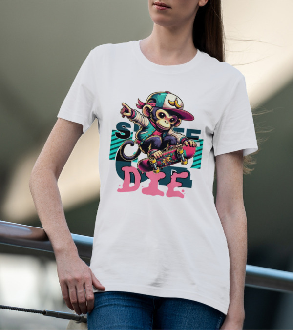 Skate Or Die Monkey On Skateboard With Cap And Jacket T-Shirt