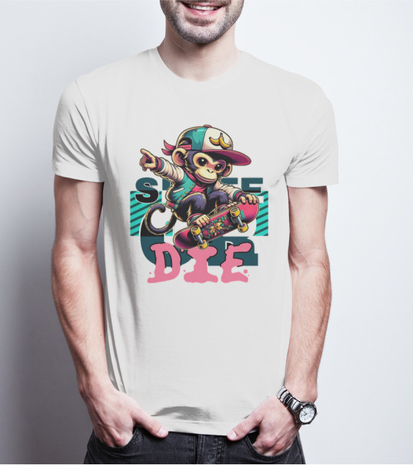 Skate Or Die Monkey On Skateboard With Cap And Jacket T-Shirt