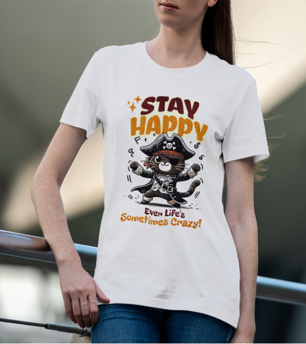 STAY HAPPY Even Life's Sometimes Crazy Pirate Cat T-Shirt