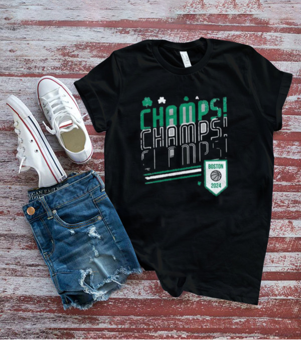 Boston Celtics ’24 Champs Champs Champs Basketball Shield T-Shirt