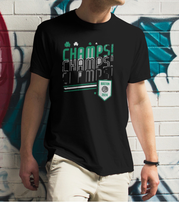 Boston Celtics ’24 Champs Champs Champs Basketball Shield T-Shirt