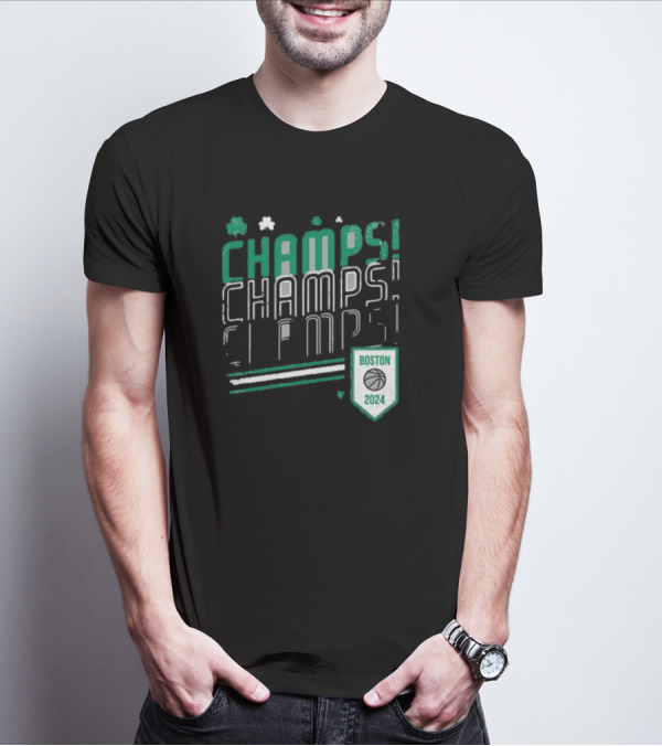 Boston Celtics ’24 Champs Champs Champs Basketball Shield T-Shirt