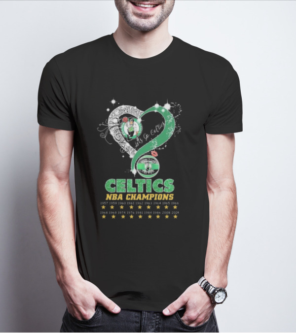 Boston Celtics Let's Go Celtics NBA Champions 1957-2024 Heart Diamond Stars T-Shirt