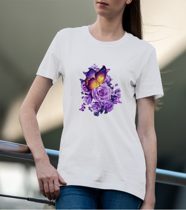 Butterfly Purple Rose Blossoms Floral Arrangement T-Shirt