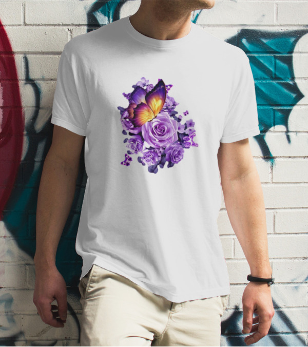 Butterfly Purple Rose Blossoms Floral Arrangement T-Shirt