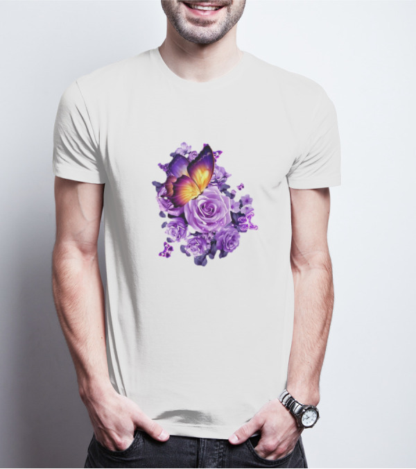 Butterfly Purple Rose Blossoms Floral Arrangement T-Shirt