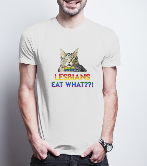 Lesbians Eat What Cat With Rainbow Bow Tie T-Shirt