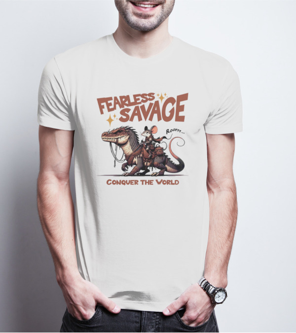 Fearless Savage Conquer The World Roarrr Mouse Riding Dinosaur T-Shirt