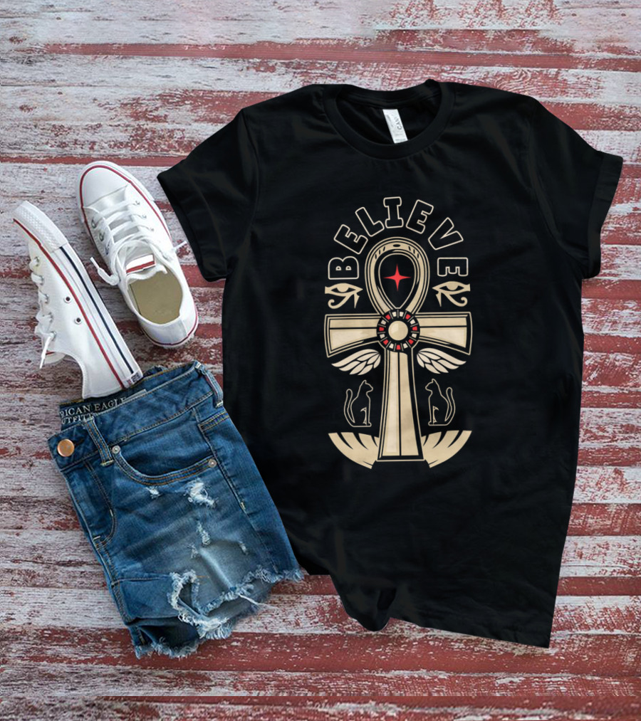 Believe Ankh Symbol With Wings And Cats T-Shirt
